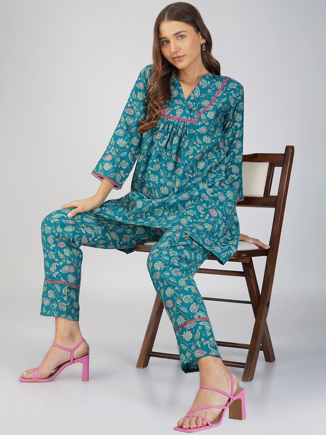 

Bindigasm Printed Top With Trouser, Teal