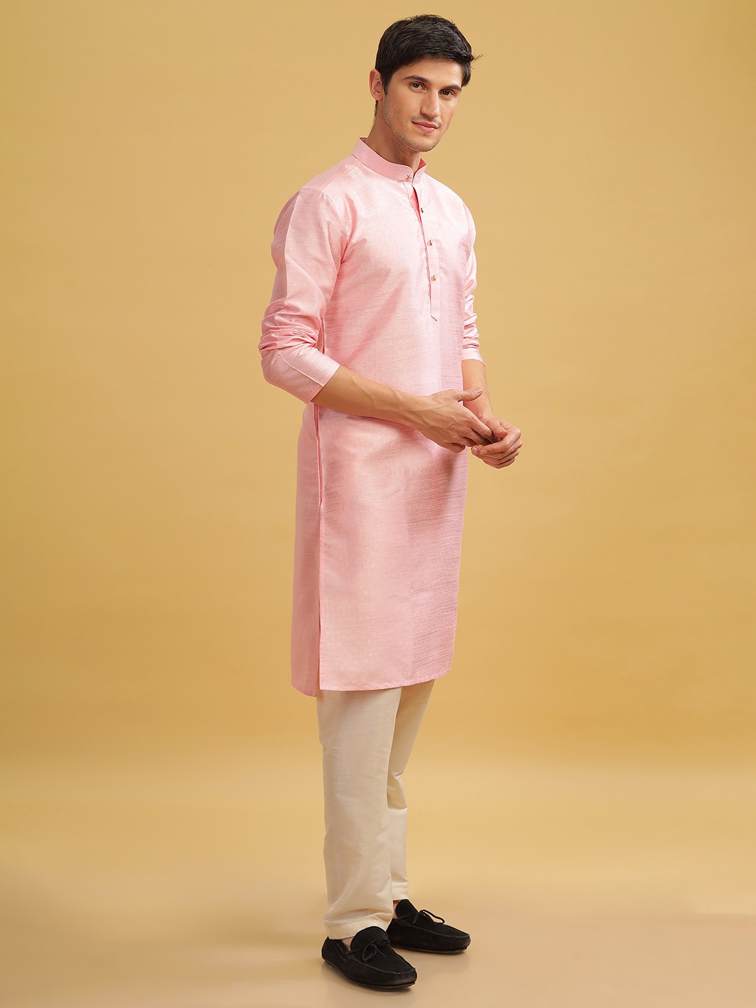 

Anouk Pink Ethnic Motifs Woven Design Dobby Weave Mandarin Collar Straight Kurta