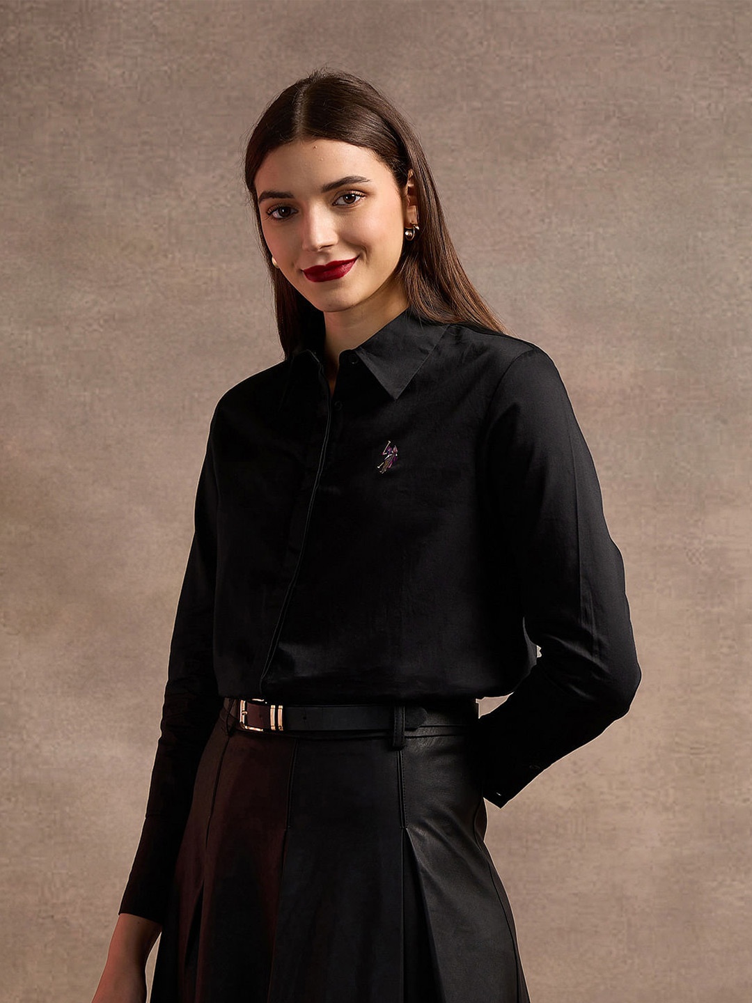 

U.S. Polo Assn. Women Spread Collar Solid Cotton Casual Shirt, Black