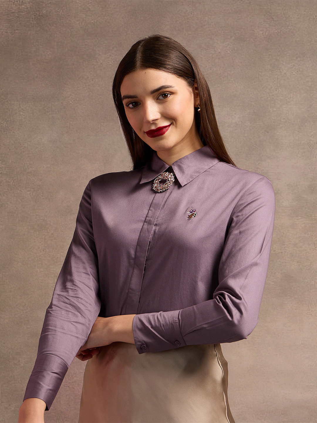 

U.S. Polo Assn. Women Spread Collar Solid Cotton Casual Shirt, Purple