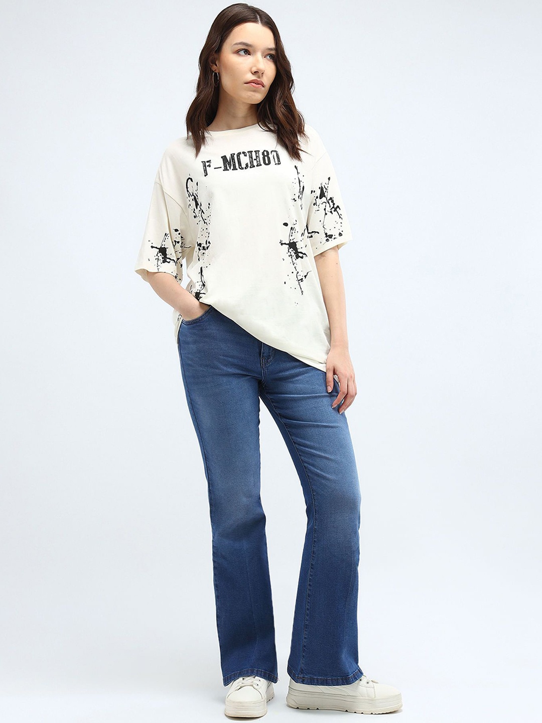 

Flying Machine Women Flared High-Rise Cotton Light Fade Stretchable Jeans, Blue