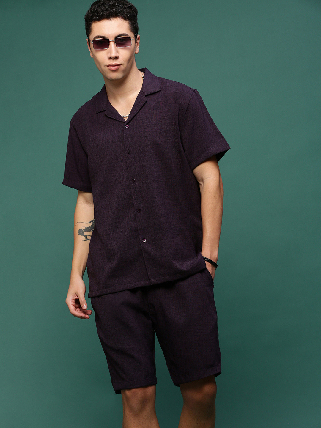 

SHOWOFF Cuban Collar Shirt With Shorts, Purple
