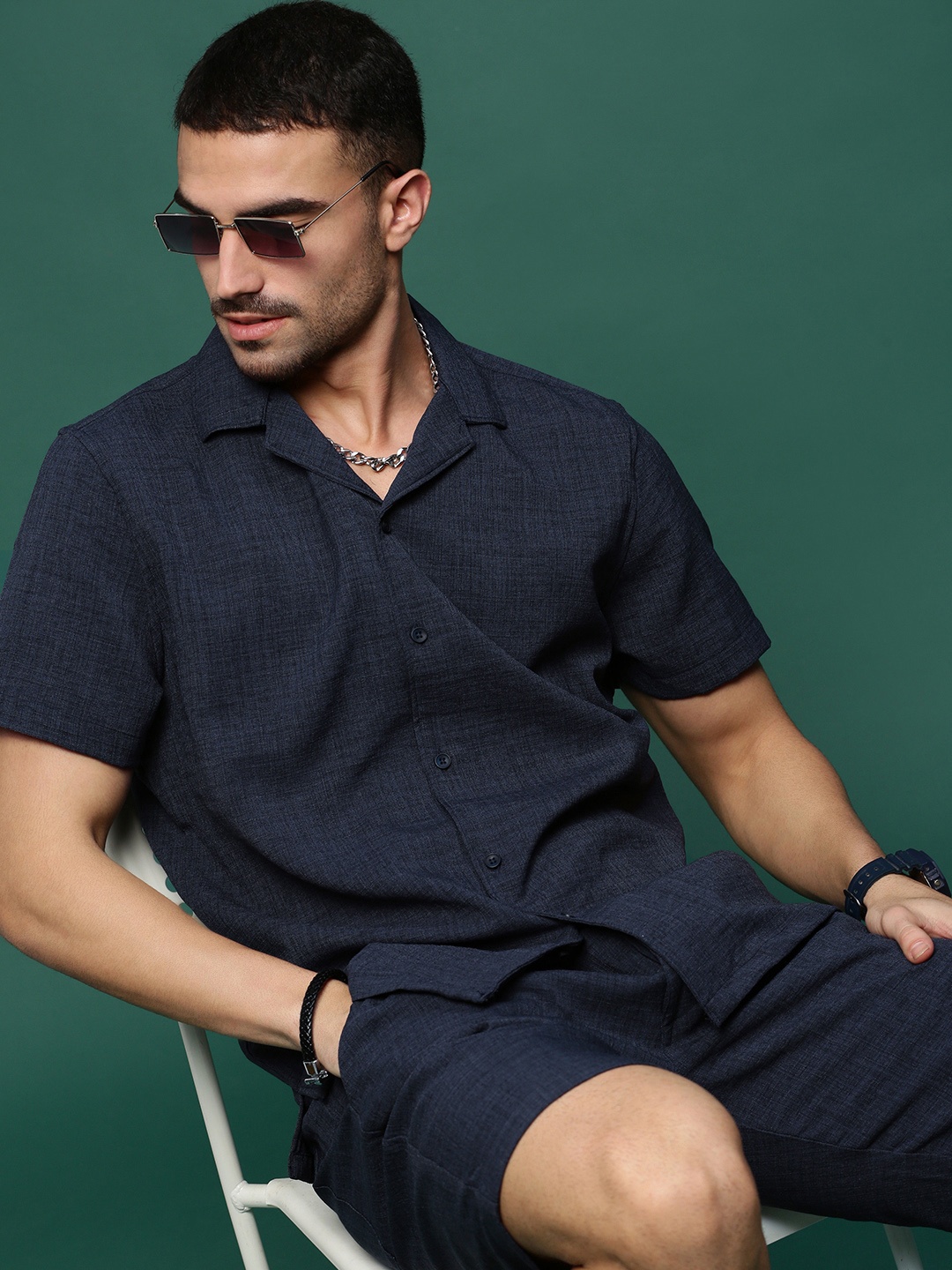 

SHOWOFF Cuban Collar Shirt With Shorts, Navy blue