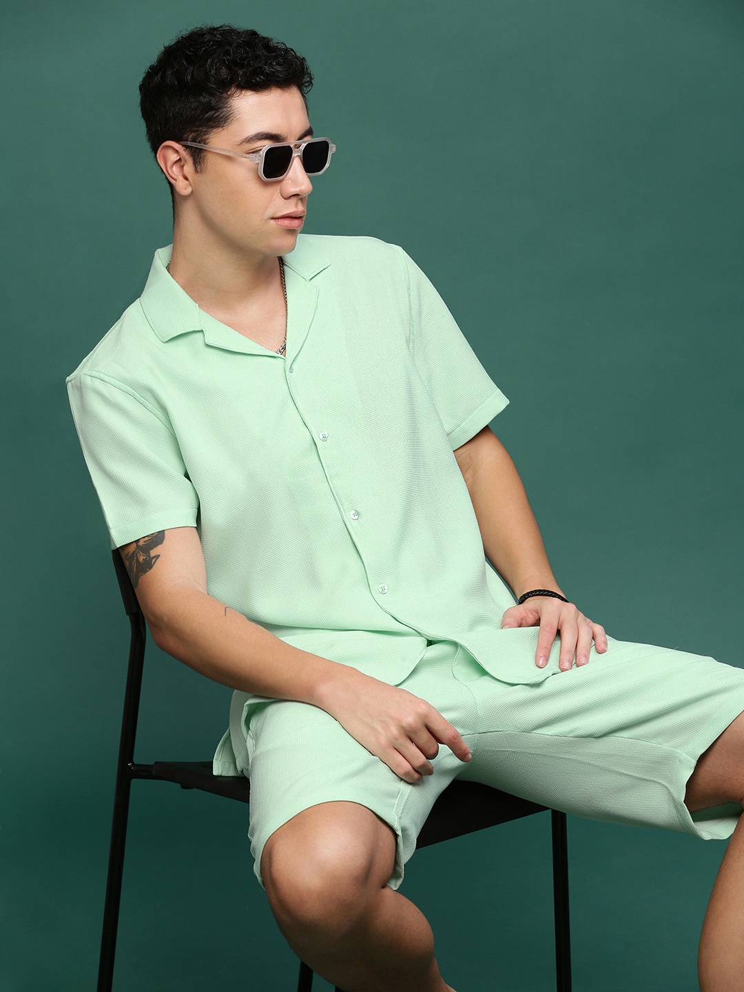 

SHOWOFF Self-Design Cuban Collar Shirt & Shorts, Sea green