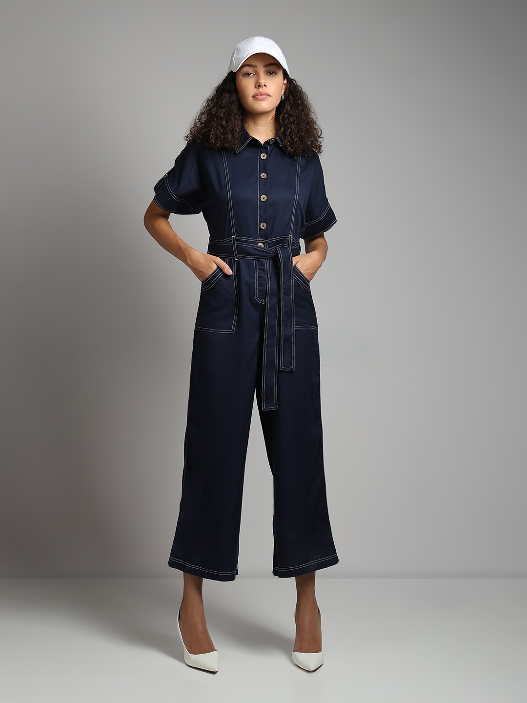 

Vero Moda Tencel Culotte Jumpsuit with Belt, Navy blue