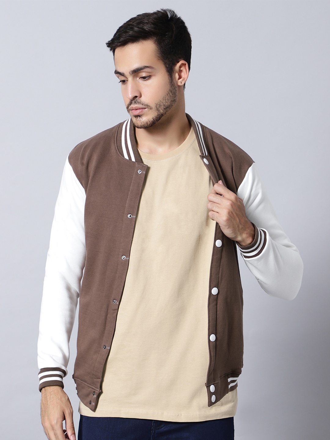 

Be Savage Men Windcheater Outdoor Varsity Jacket with Patchwork, Coffee brown