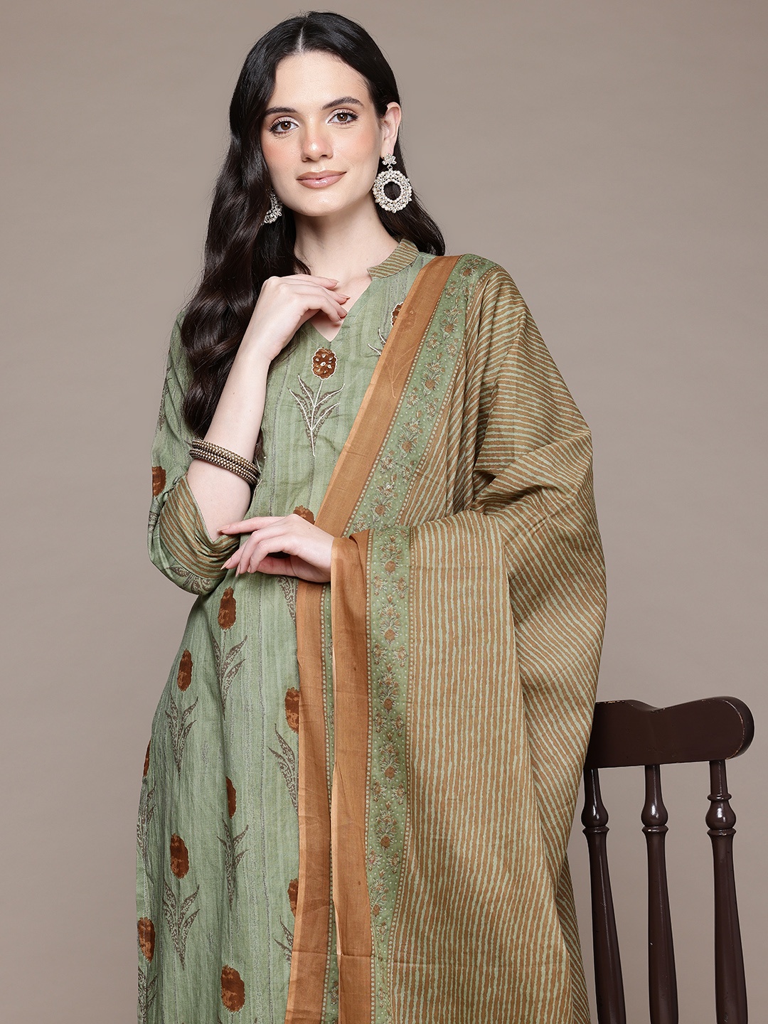 

Readiprint Floral Printed & Embellished Pure Cotton Kurta with Trousers & Dupatta, Green