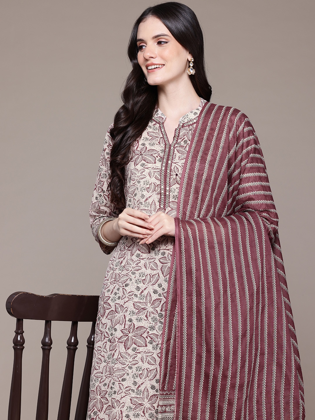 

Readiprint Floral Printed Aari Work Pure Cotton Kurta with Palazzos & Dupatta, Beige