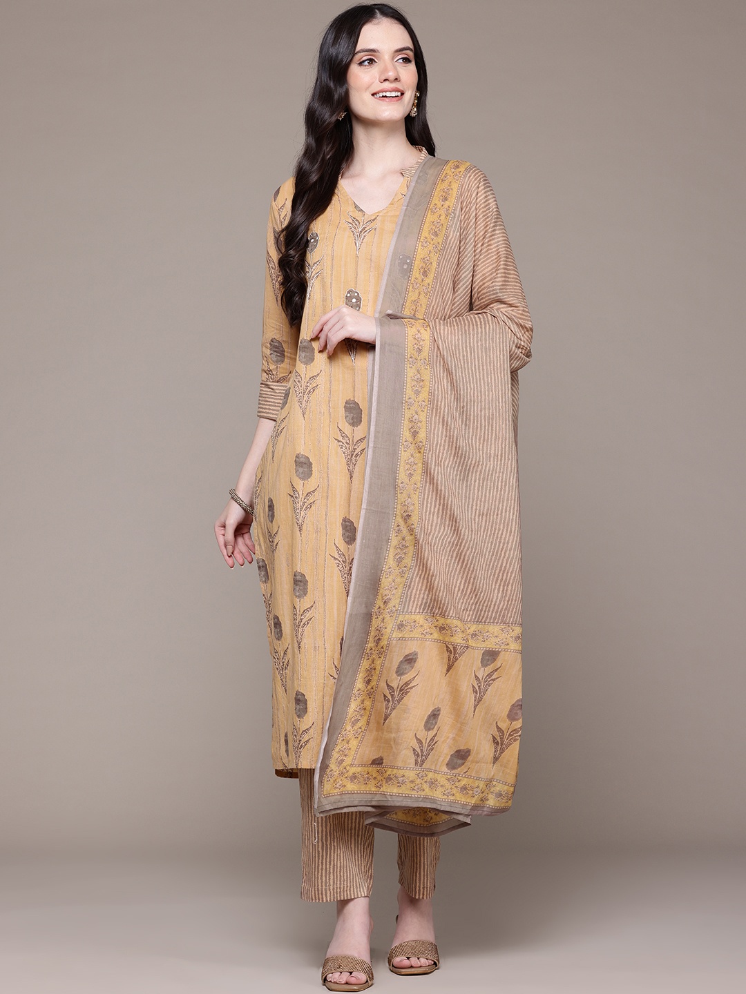 

Readiprint Fashions Floral Printed Aari Work Pure Cotton Kurta with Palazzos & Dupatta, Yellow