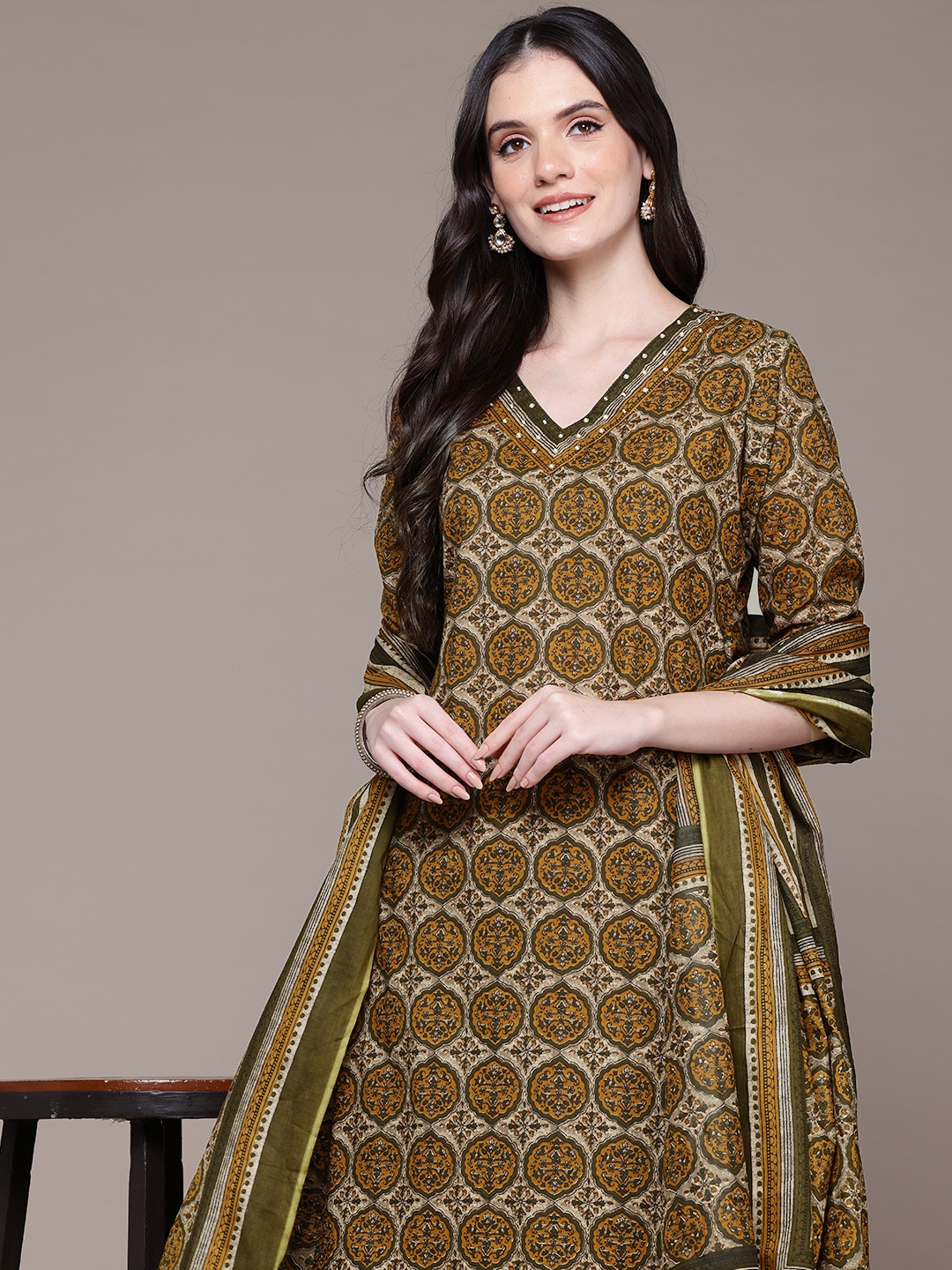 

Readiprint Fashions Floral Printed Sequinned Pure Cotton Kurta with Palazzos & Dupatta, Mustard