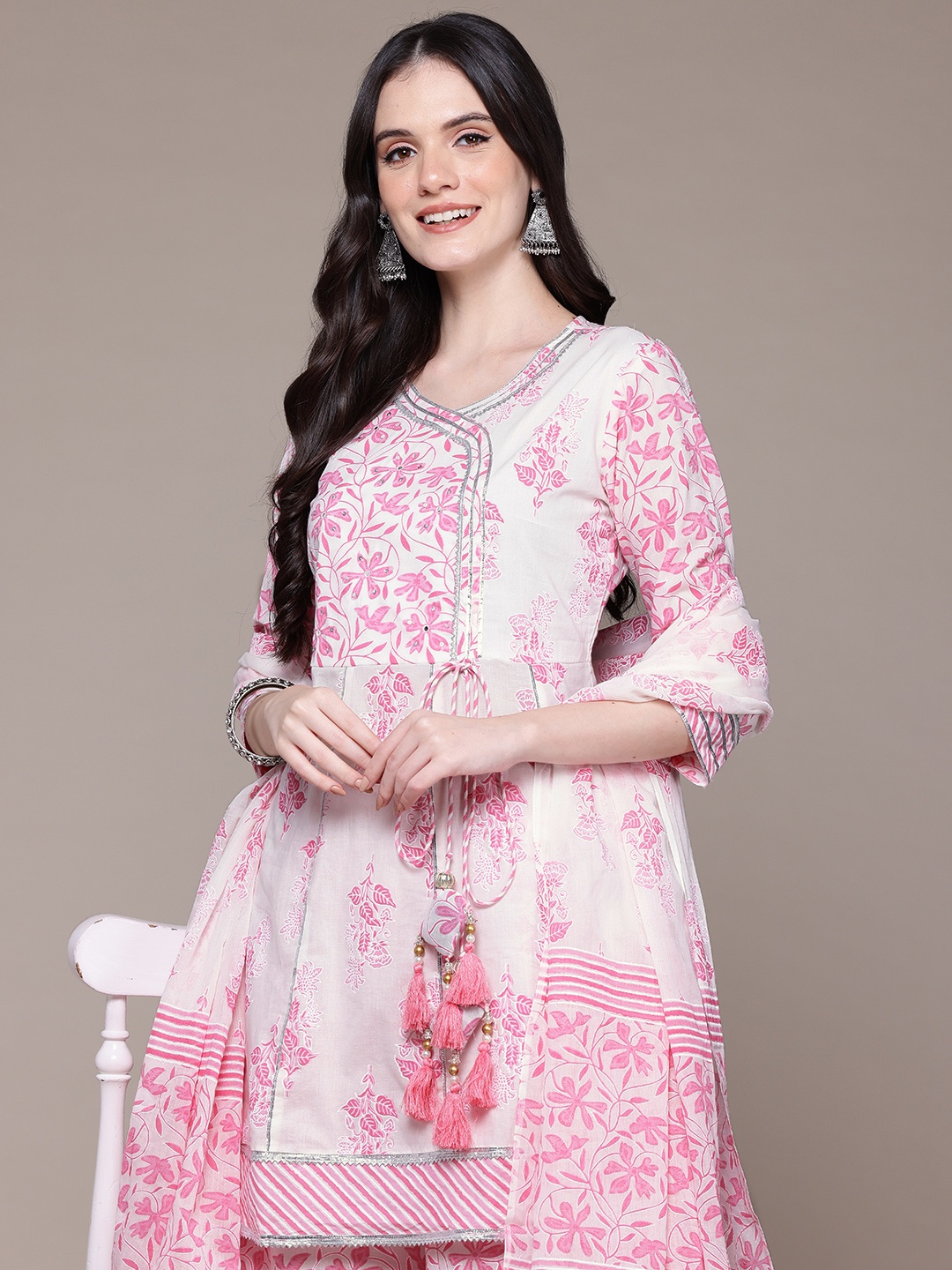 

Readiprint Floral Printed Angrakha Gotta Patti Kurta with Sharara & Dupatta, Pink