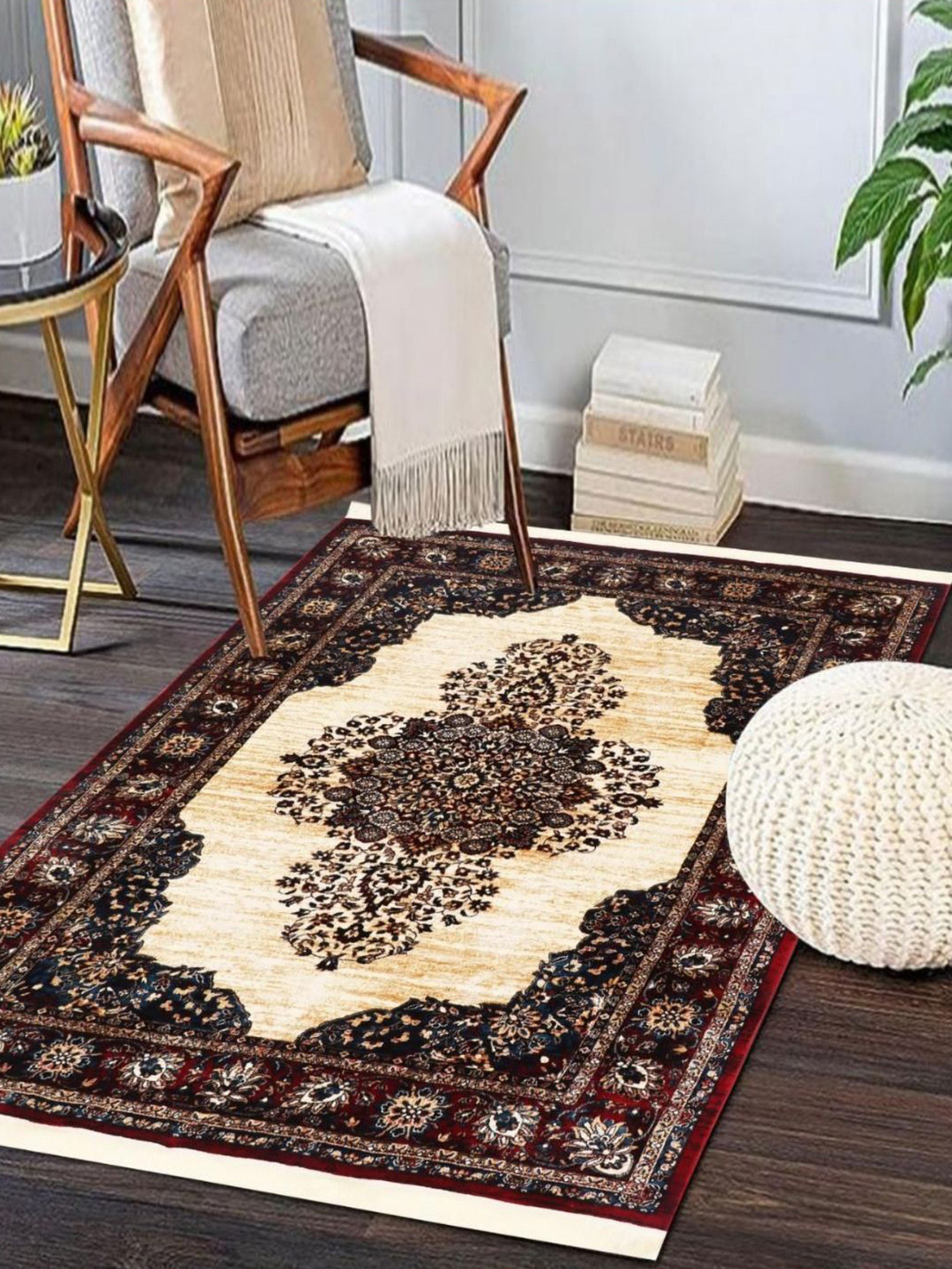 

MODEFE Maroon & Beige Floral Anti-Skid Nylon Carpet
