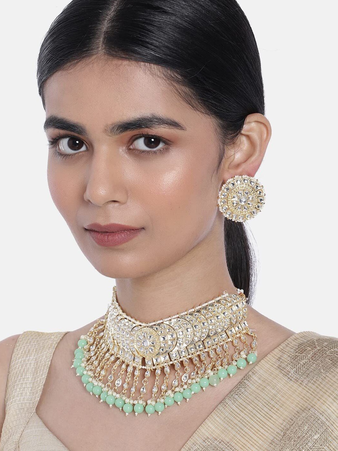 

I Jewels Gold Plated Traditional Kundan Studded & Pearl Jewellery Set