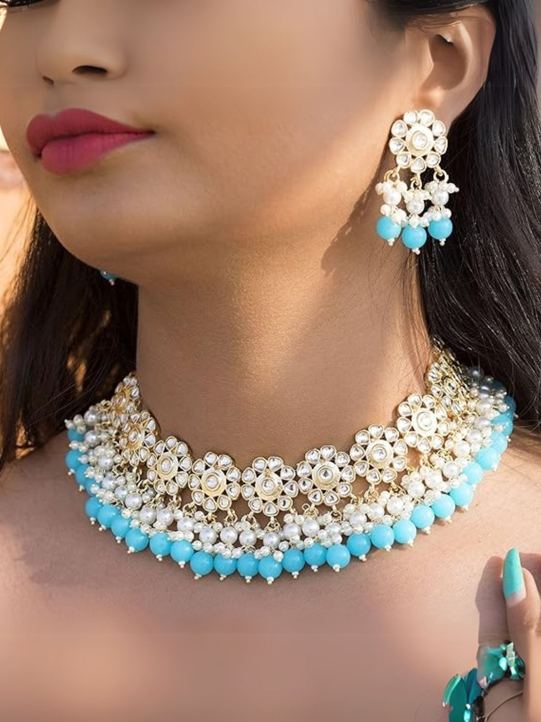 

I Jewels Gold Plated Kundan Studded & Beaded Jewellery Set