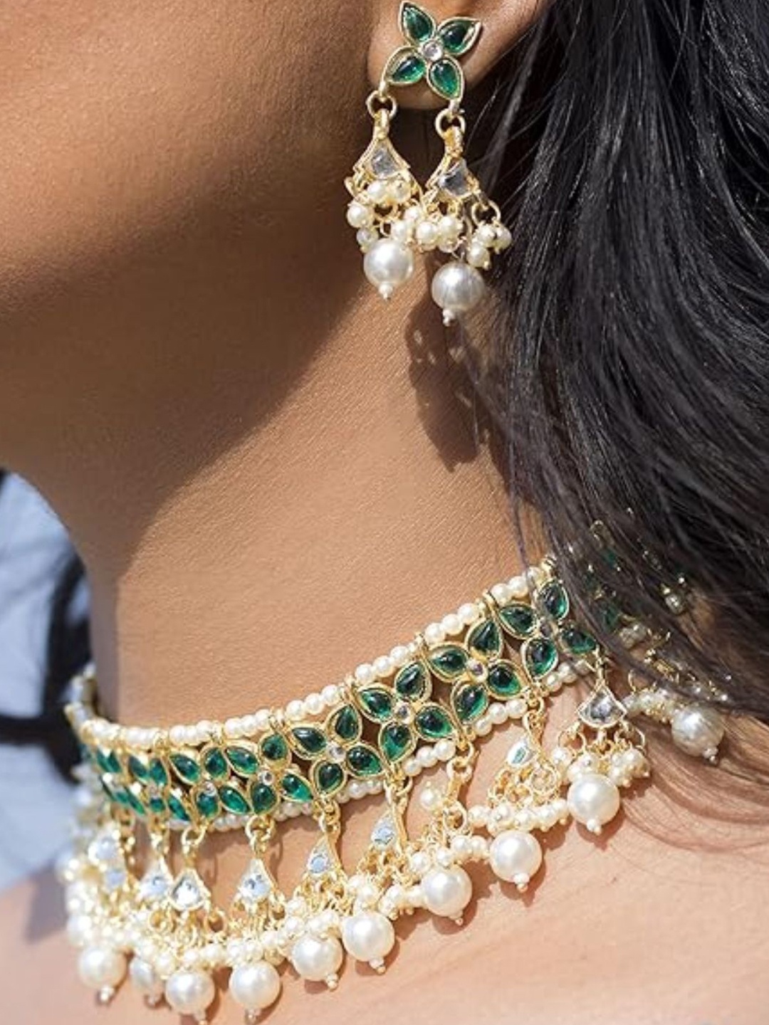 

I Jewels Gold Plated Kundan Studded & Beaded Jewellery Set