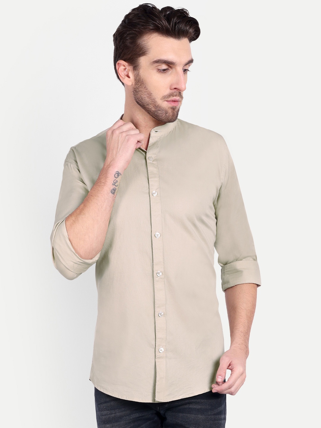 

MEGHZ Men Slim Fit Opaque Casual Shirt, Beige