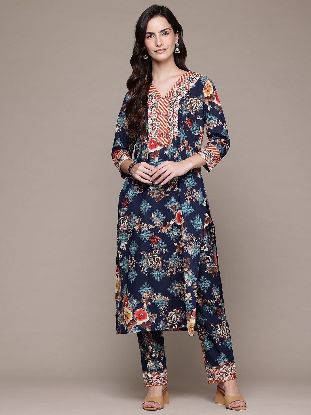 Readiprint Floral Printed Regular Pure Cotton Kurta with Trousers, Navy blue