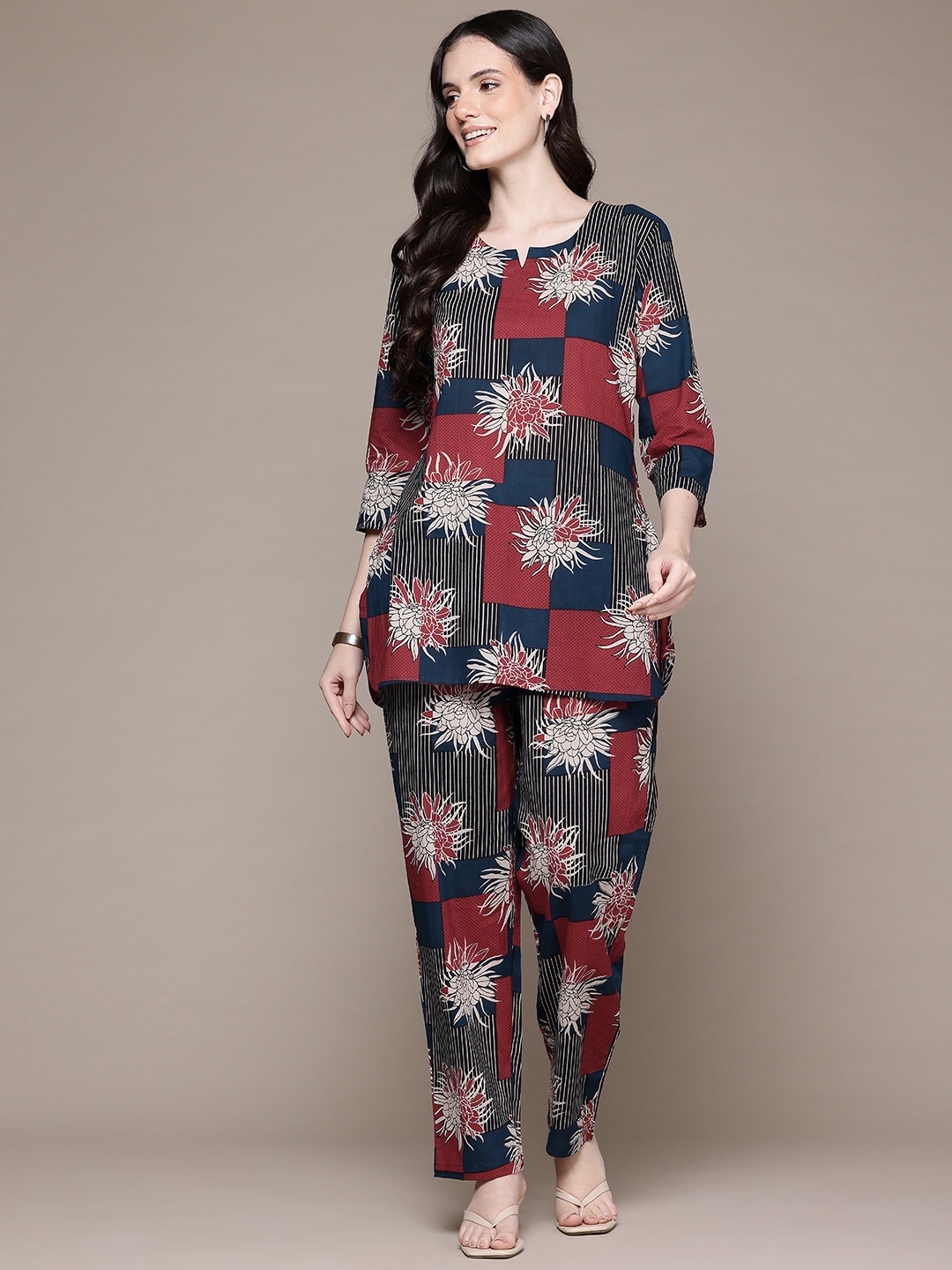 

Readiprint Printed Cotton Top with Trousers, Navy blue