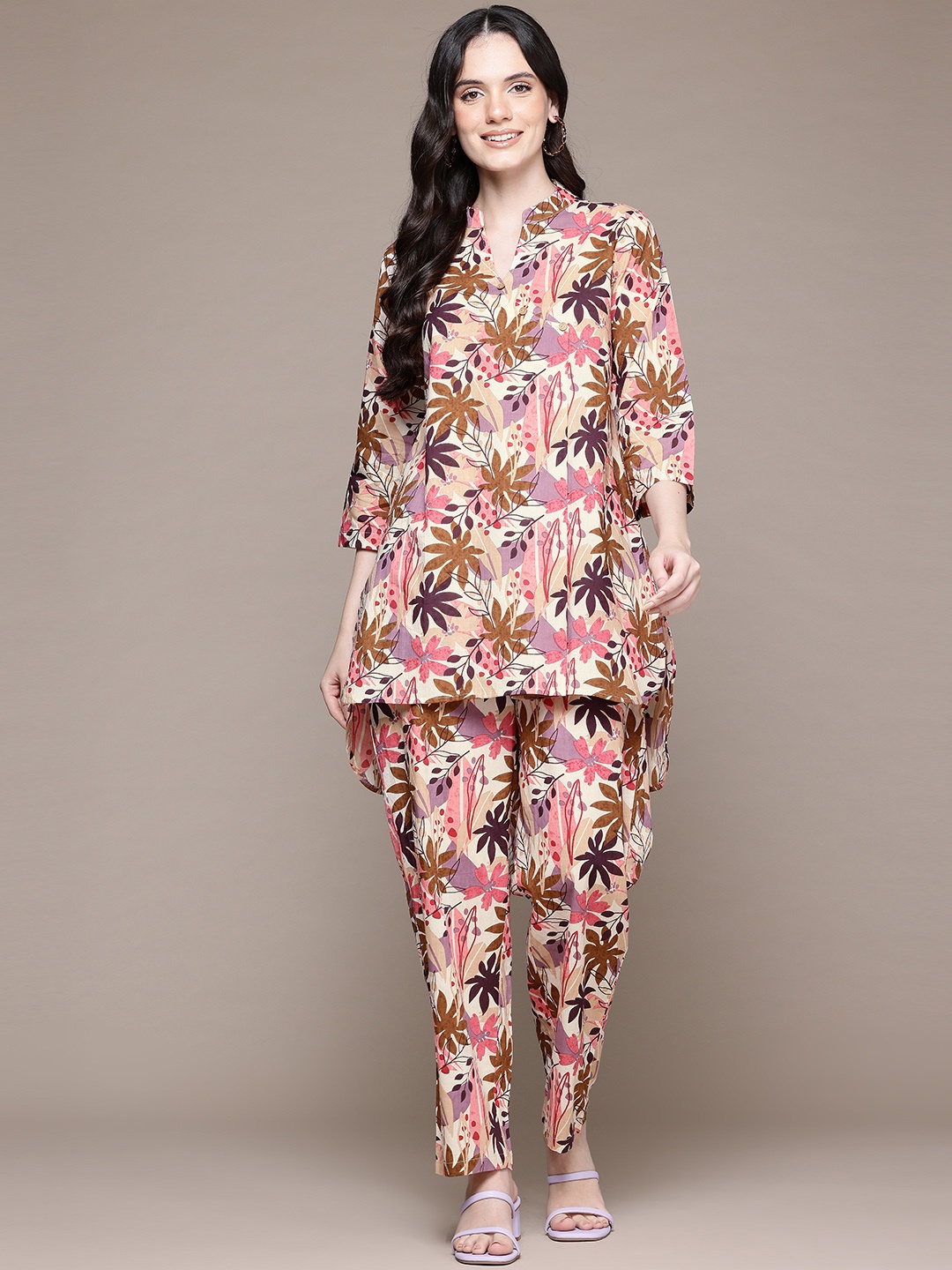 

Readiprint Women Tropical Printed Cotton Straight Tunic & Trousers, Beige