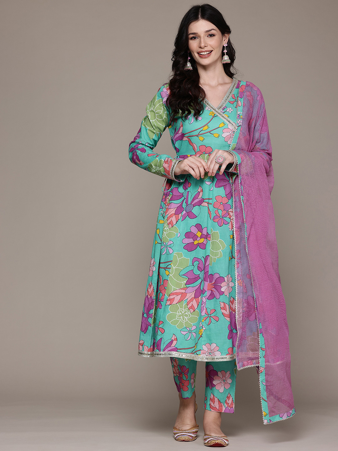 

Readiprint Fashions Floral Printed Zari Angrakha Pure Cotton Kurta With Palazzos & Dupatta, Sea green