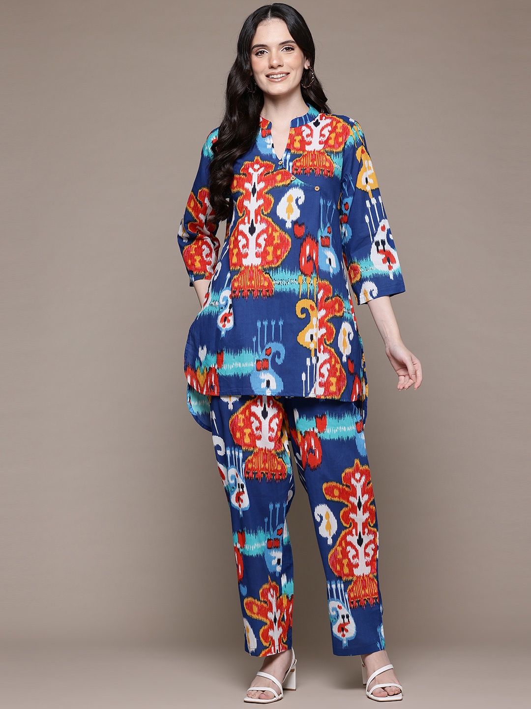 

Readiprint Women Ethnic Motifs Printed Cotton Straight Tunic & Trousers, Blue