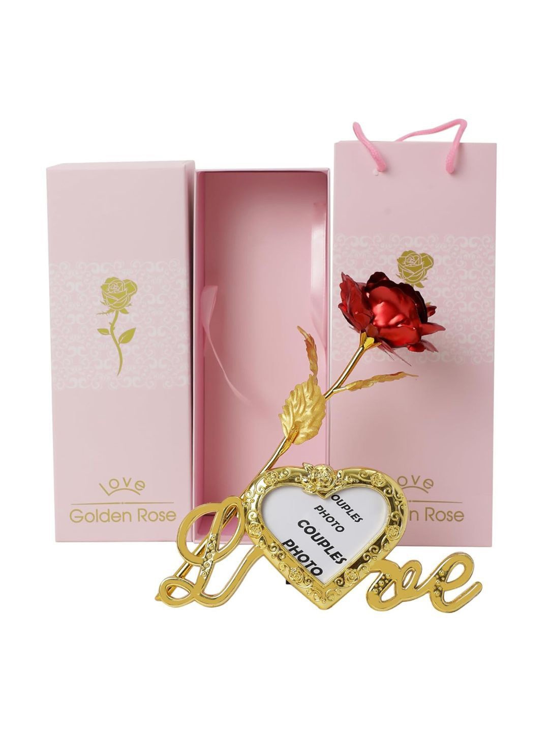 

INTERNATIONAL GIFT Red & Gold Toned 3 Pieces Rose with Love Shape Photo Frame Stand