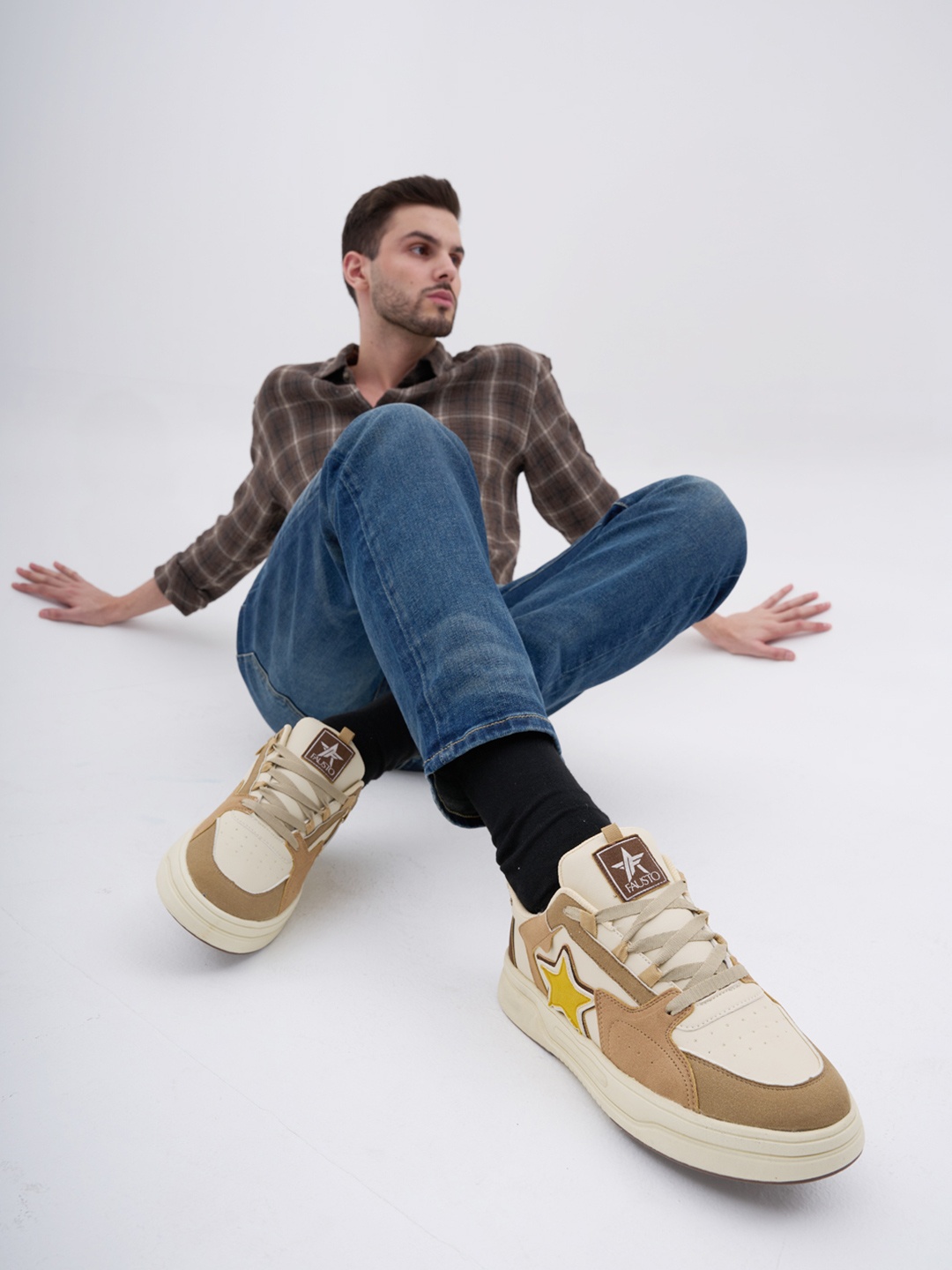 

FAUSTO Men Colourblocked PU Lightweight Lace-Ups Sneakers, Beige