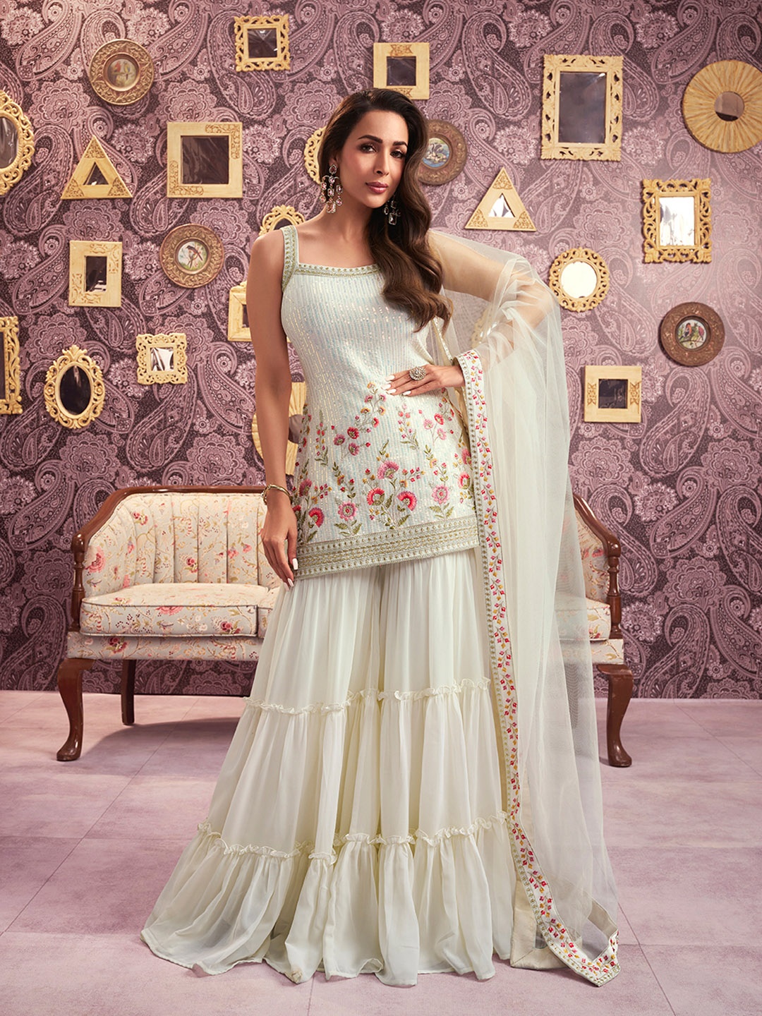 

Inddus Floral Embroidered Georgette Sequinned Straight Kurti & Sharara with Dupatta, Off white