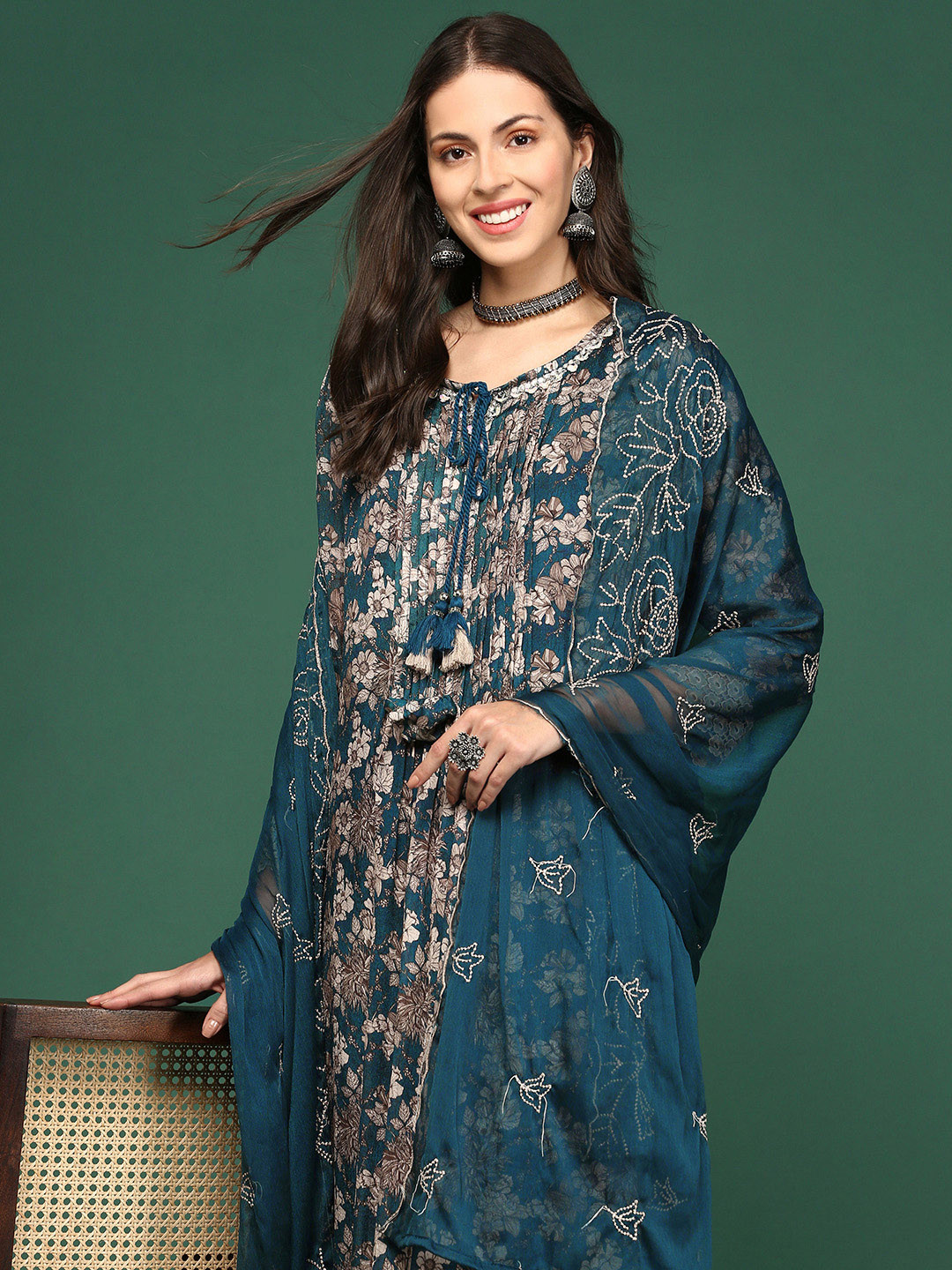 

SHOWOFF Floral Printed Pleated Beads and Stones A-Line Kurta With Trousers & Dupatta, Teal