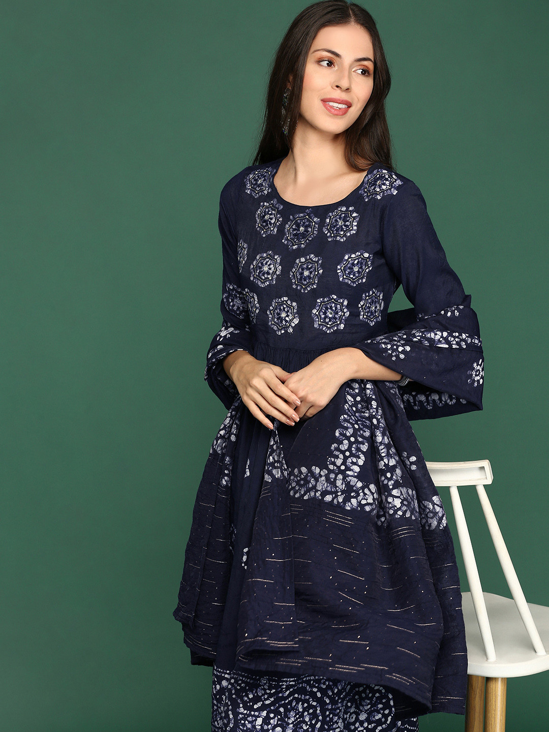 

SHOWOFF Floral Printed Mirror Work A-Line Kurta With Trousers & Dupatta, Navy blue
