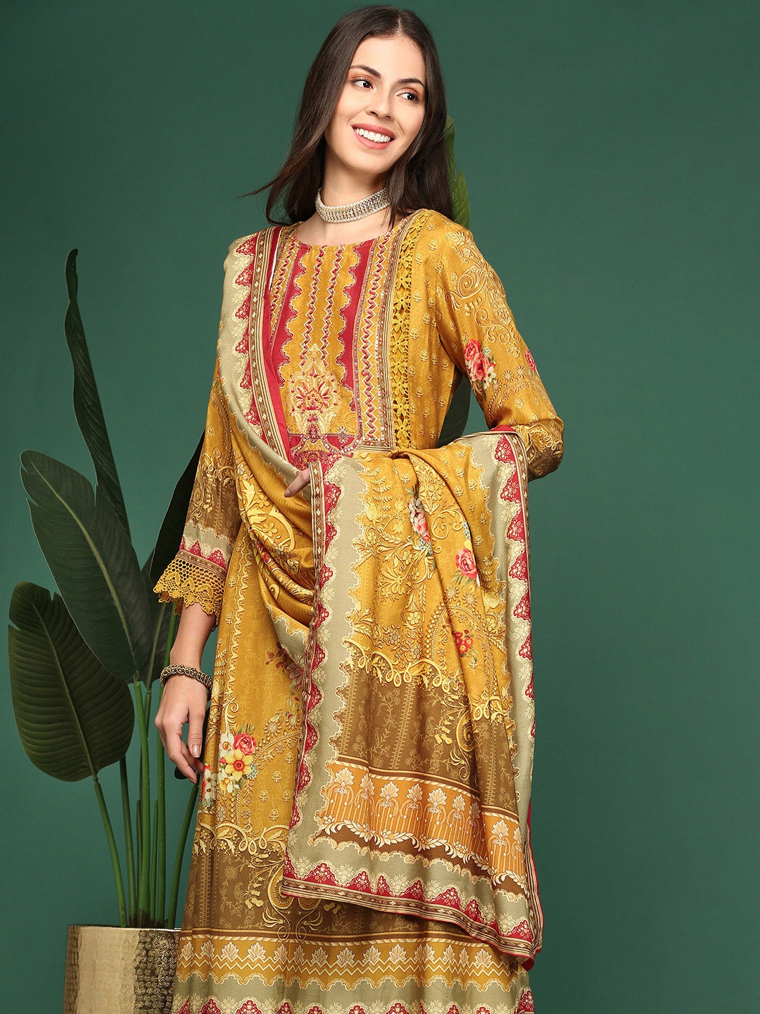 SHOWOFF Floral Printed Thread Work Anarkali Kurta With Trousers & Dupatta, Mustard
