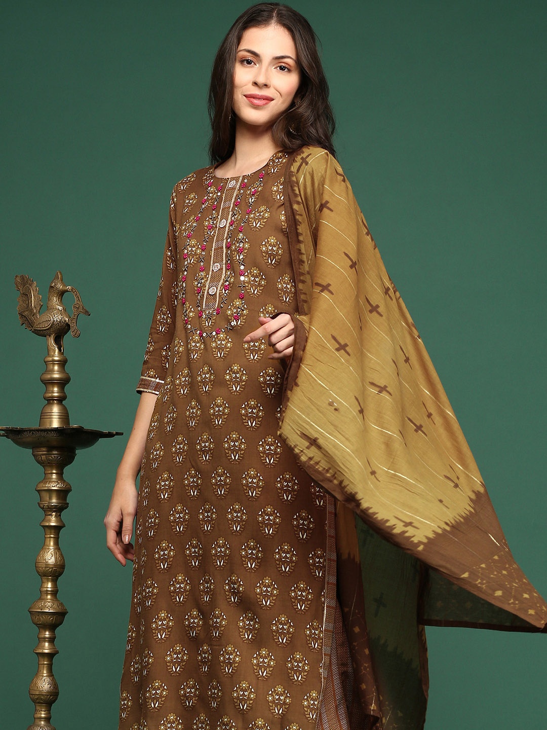 

SHOWOFF Floral Printed Beads and Stones Straight Kurta With Palazzos & Dupatta, Brown