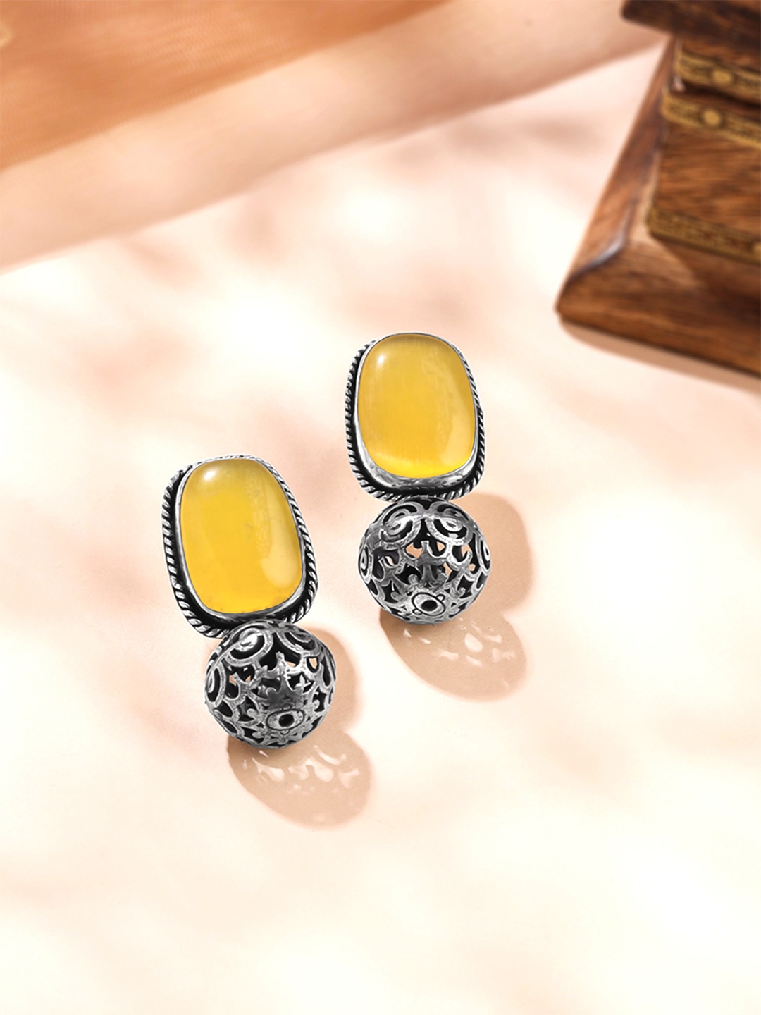 

Yellow Chimes Silver Plated Artificial Stones Oxidised Drop Earrings