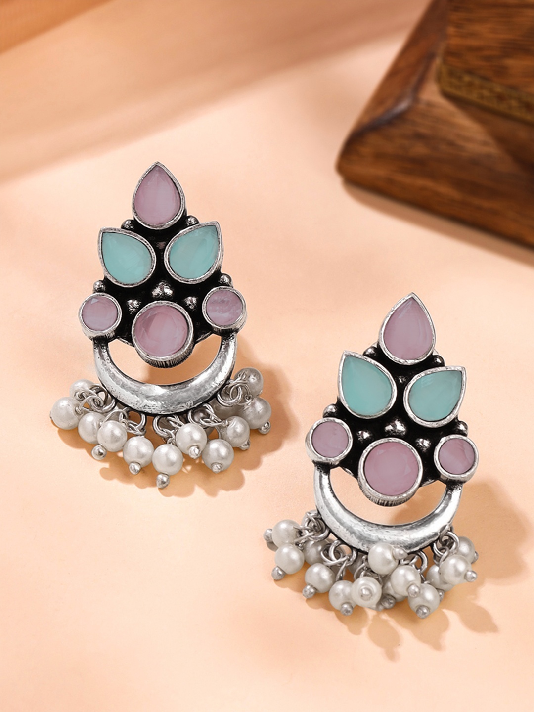

Yellow Chimes Oxidised Silver-Plated Stones Studded & Beaded Drop Earrings