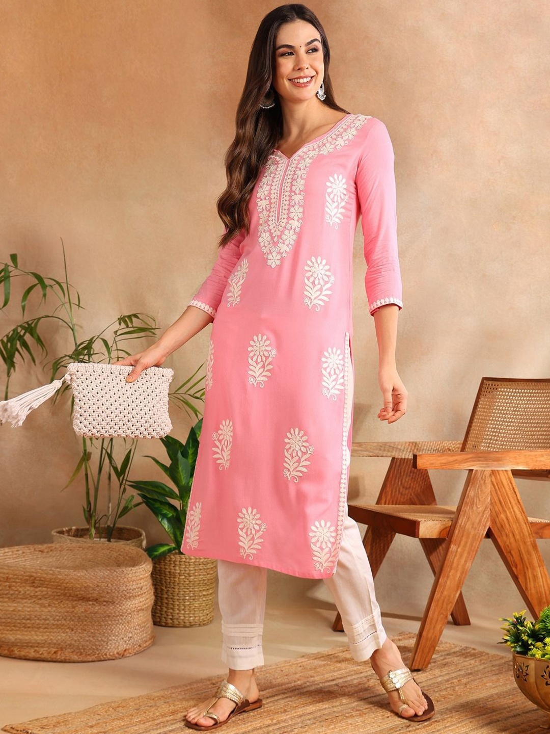 

KALINI Floral Embroidered Notch Neck Chikankari Straight Kurta, Pink