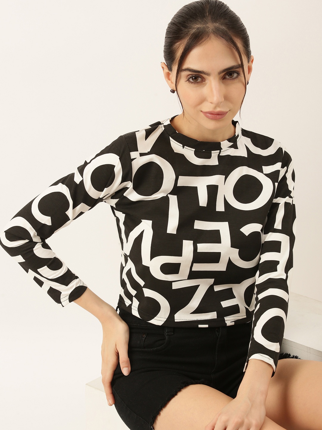 

SHOWOFF Women Typography Printed Round Neck Cotton Slim Fit T-Shirt, Black