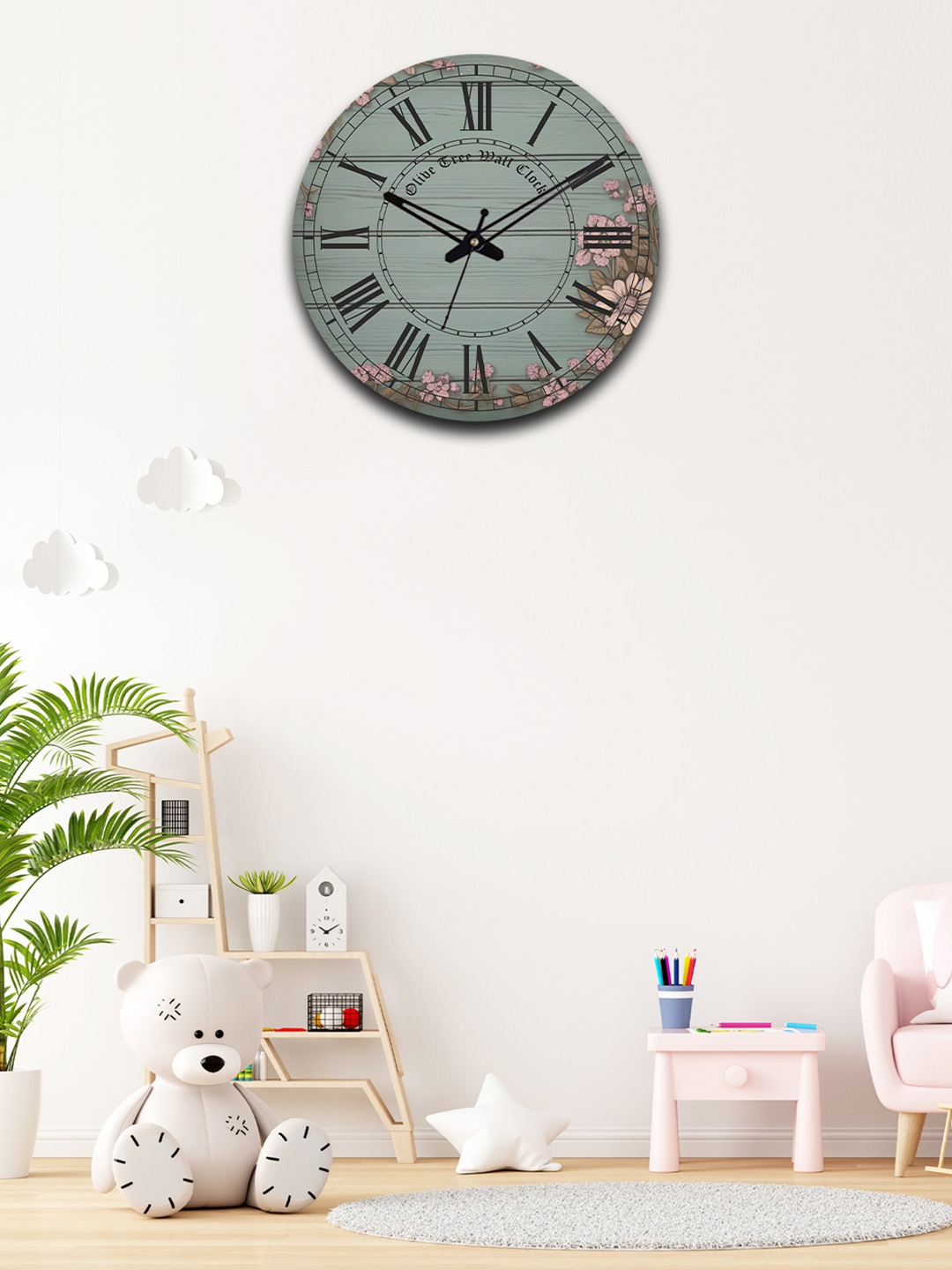 OLIVE TREE Grey & Pink Floral Printed Analogue Contemporary Wall Clock
