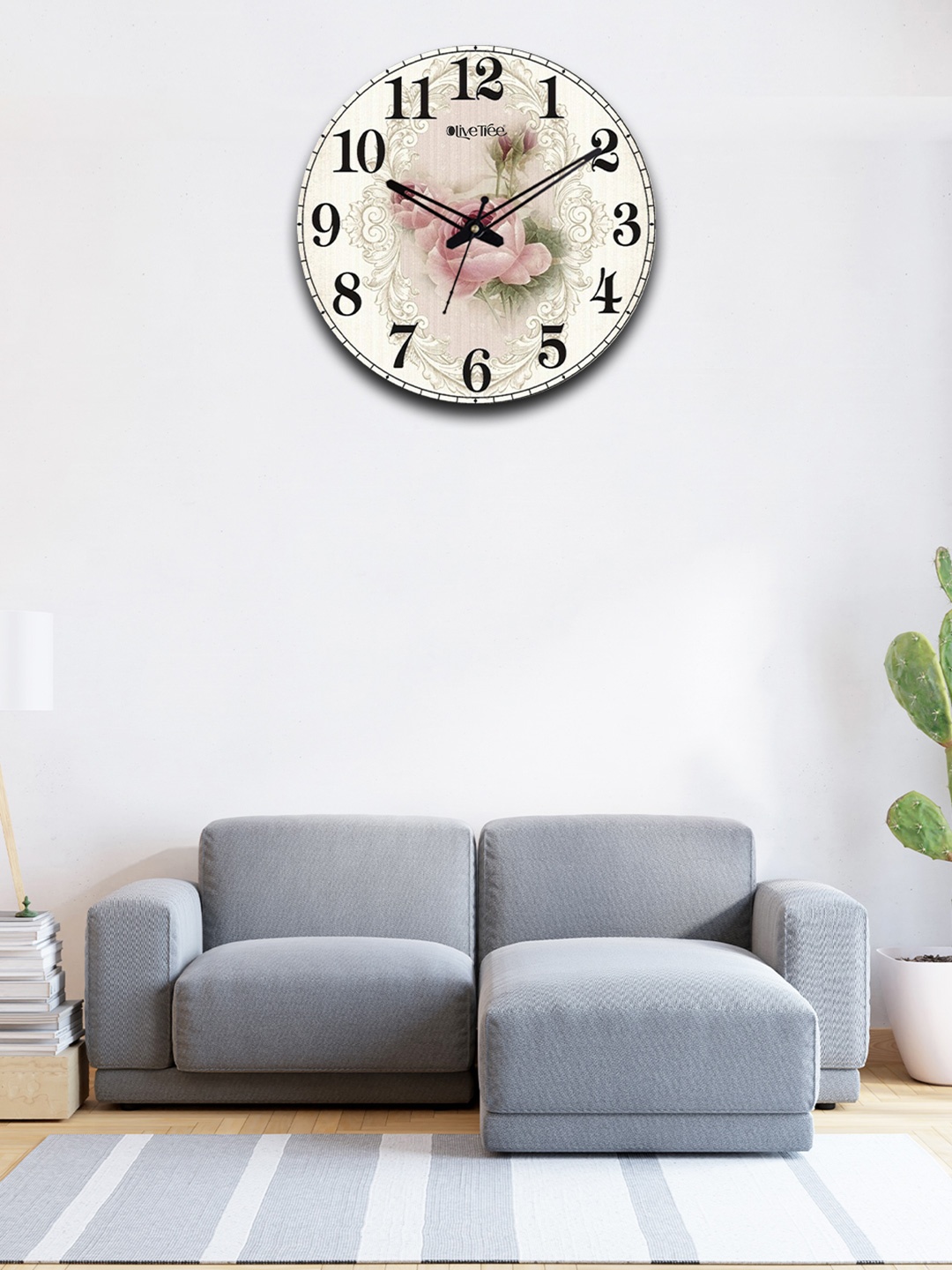 OLIVE TREE Cream Coloured & Black Floral Printed Contemporary Wall Clock