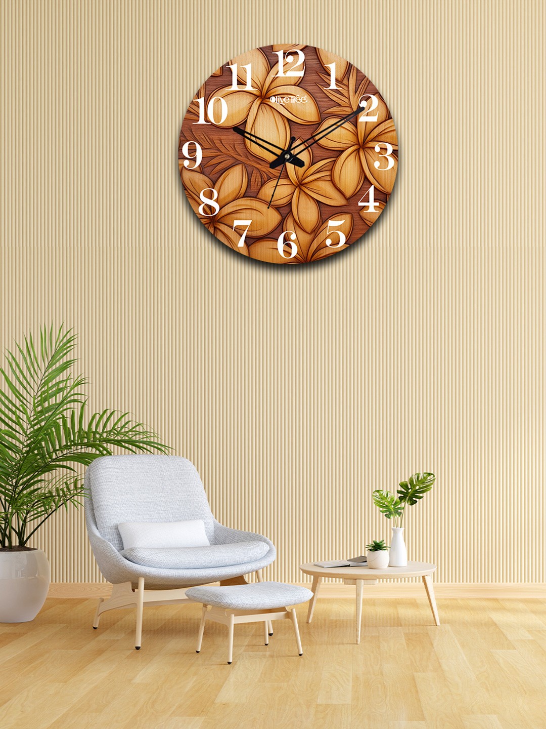 OLIVE TREE Brown & White Floral Printed Analogue Contemporary Wall Clock