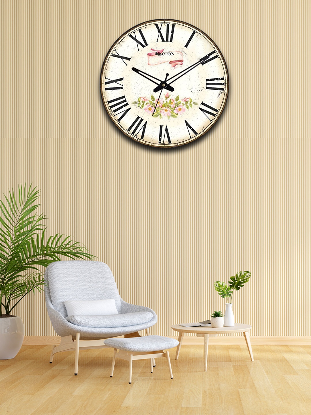 OLIVE TREE White & Green Floral Printed Analogue Contemporary Wall Clock