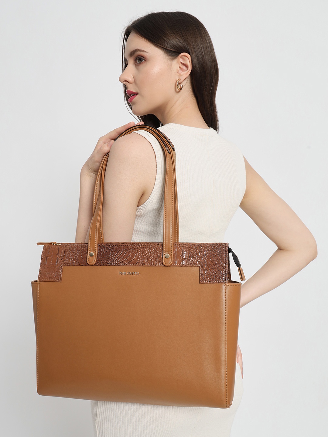 

THE GUSTO Textured PU Structured Tote Bag, Tan