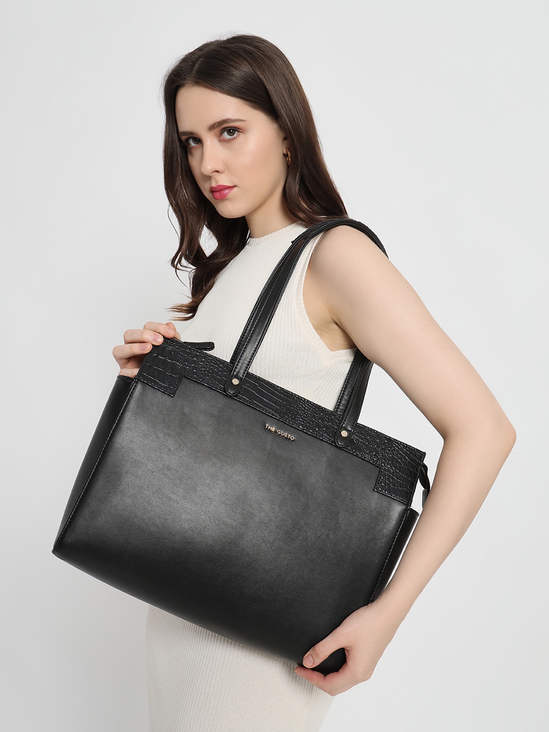 

THE GUSTO Textured PU Structured Tote Bag with Tasselled, Black