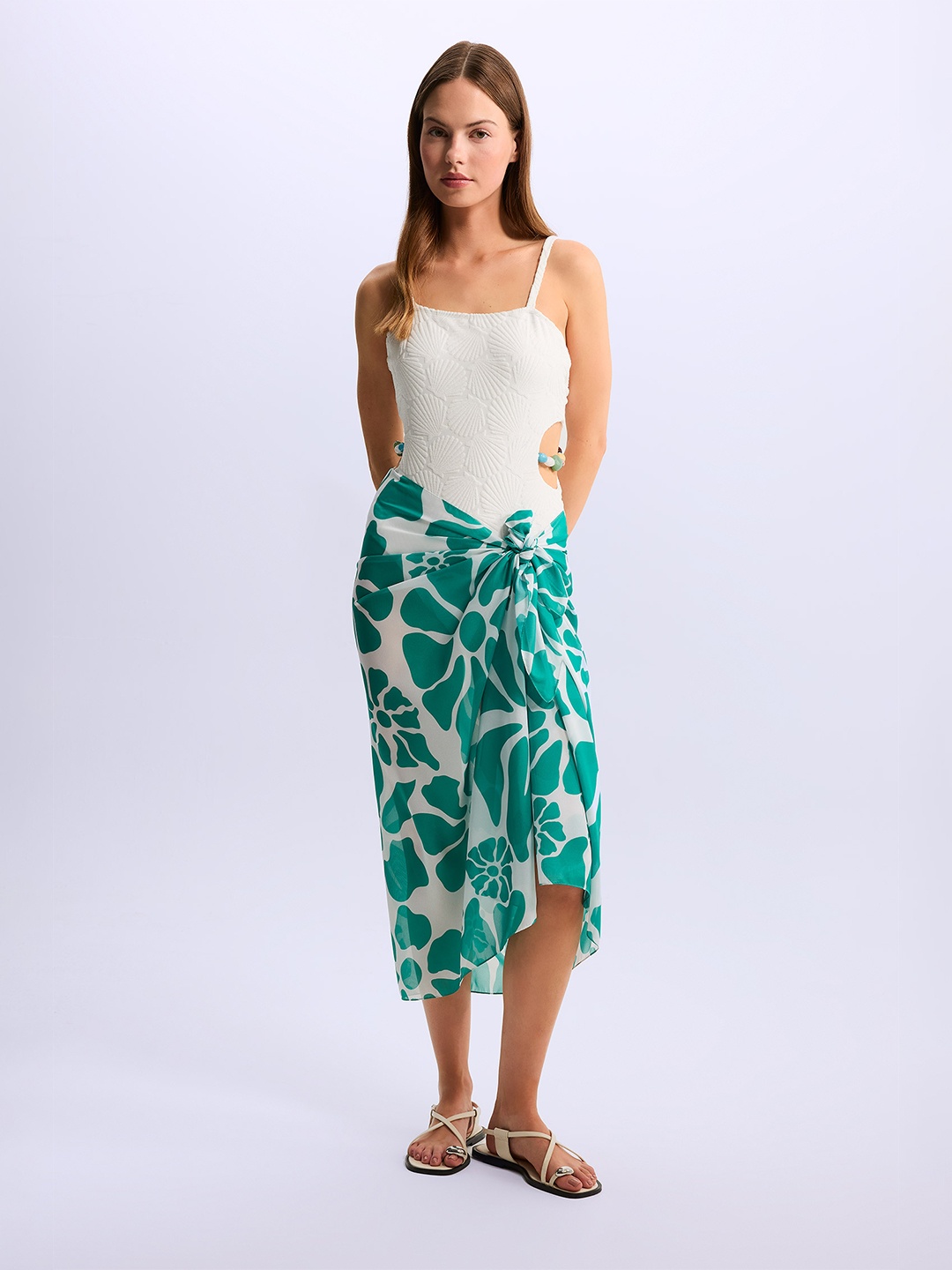

DeFacto Tropical Print Fit & Flare Midi Dress, Green