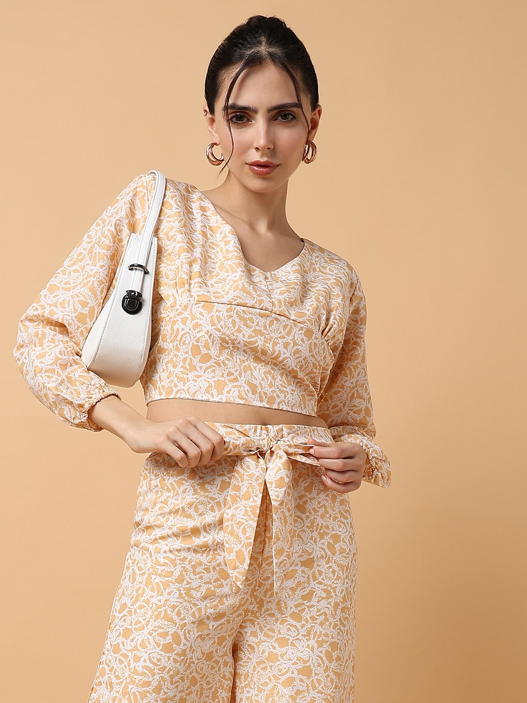 

SHOWOFF Printed V-Neck Top & Palazzo, Mustard