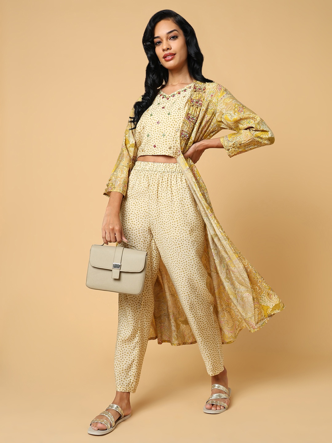 

SHOWOFF Embroidered V-Neck Top With Trousers & Shrug, Beige