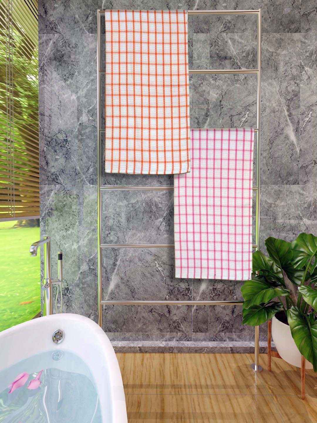 

Aura Athom Living White & Pink 2 Pieces Checked Cotton 250 GSM Bath Towel