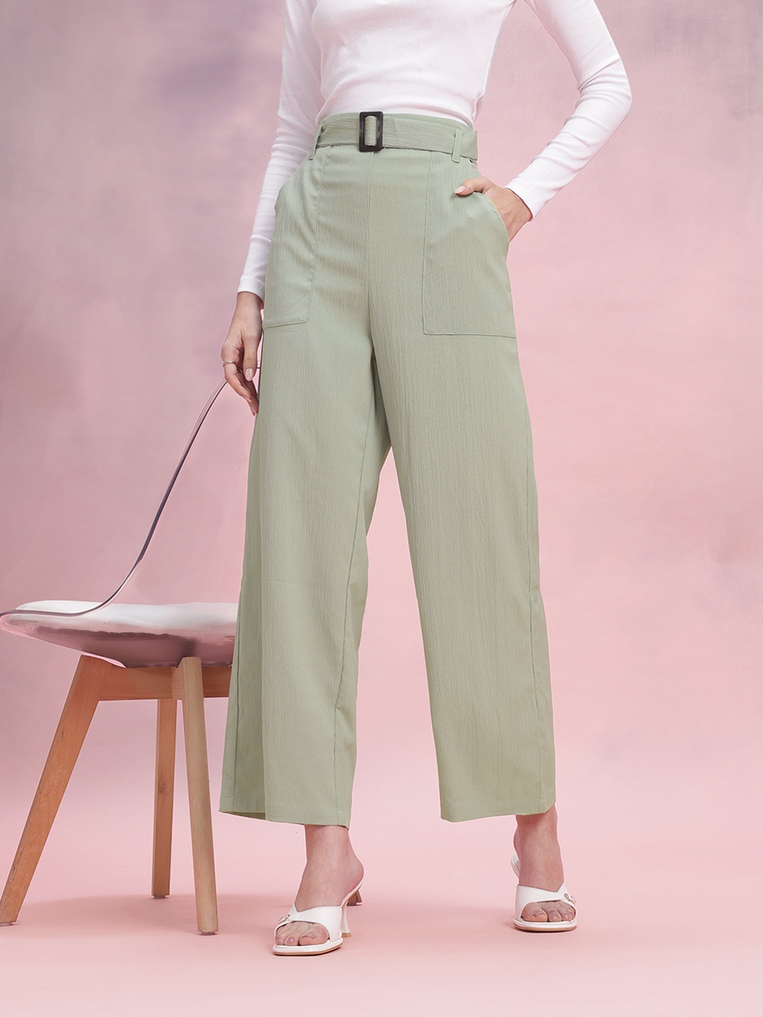 

DressBerry Women Belted Straight Fit Trousers, Green