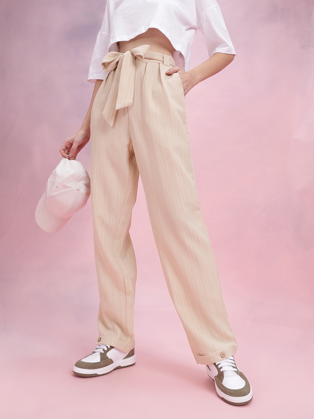 

DressBerry Women Self Striped Belted Trousers, Beige
