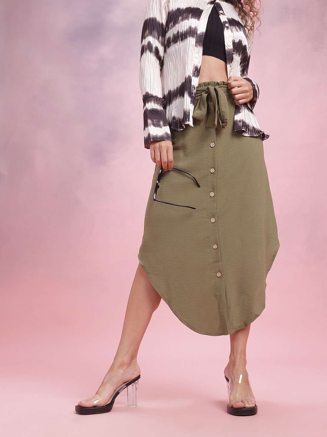 

DressBerry Button Detailed A-Line Midi Skirt With Belt, Olive