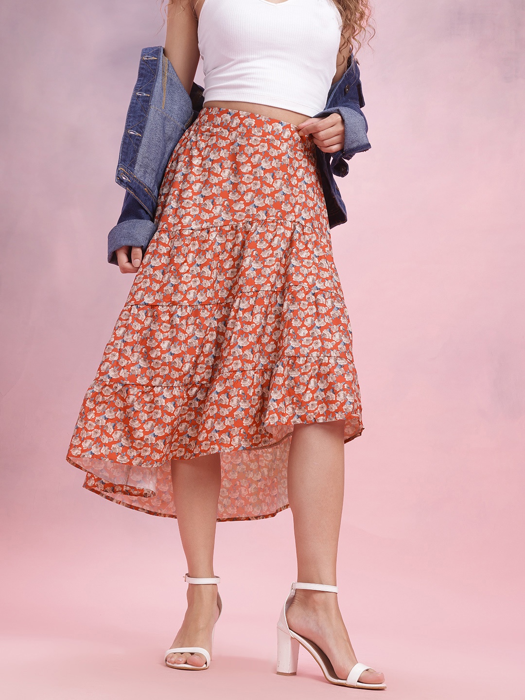 

DressBerry Floral Print Tiered Flared Midi Skirt, Rust